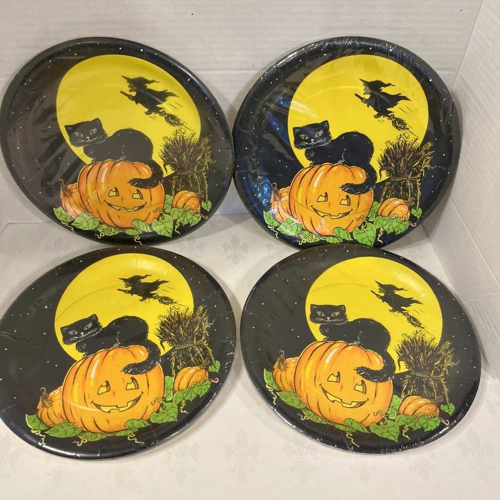 Vtg 1989 CA Reed HalloweenPaper Plates Sealed Pack 38Count 10" Black Cat JOL